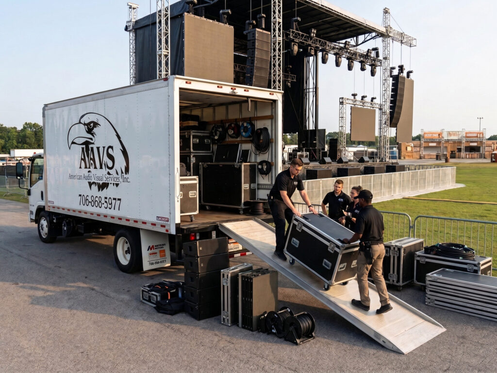 2022 Isuzu FTR commercial box truck packed for a concert and trade show production